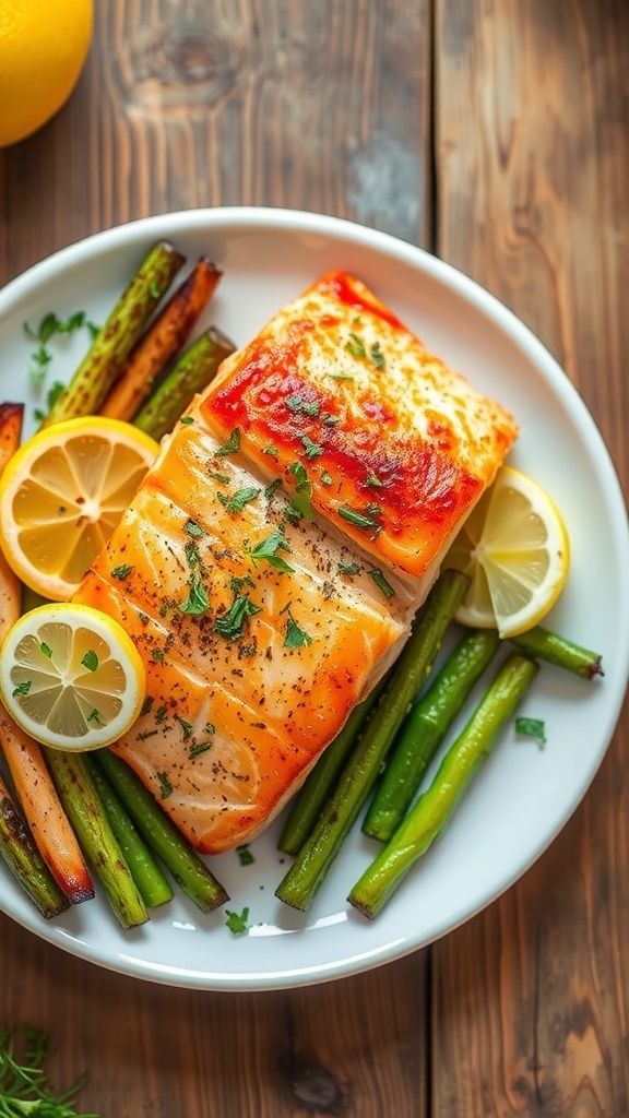Crispy Air Fryer Salmon Fillet Recipe Crispy air fryer salmon fillet garnished with herbs and lemon on a white plate with vegetables.